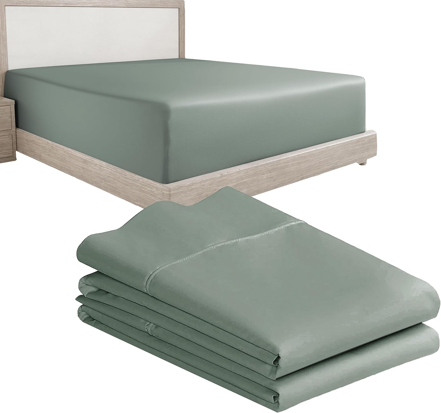 California Design Den 3-Piece Bundle - Fitted Sheet with 2 Pillowcases, 400 Thread Count 100% Cotton Sateen, Deep Pockets (King Size, Sage Green)