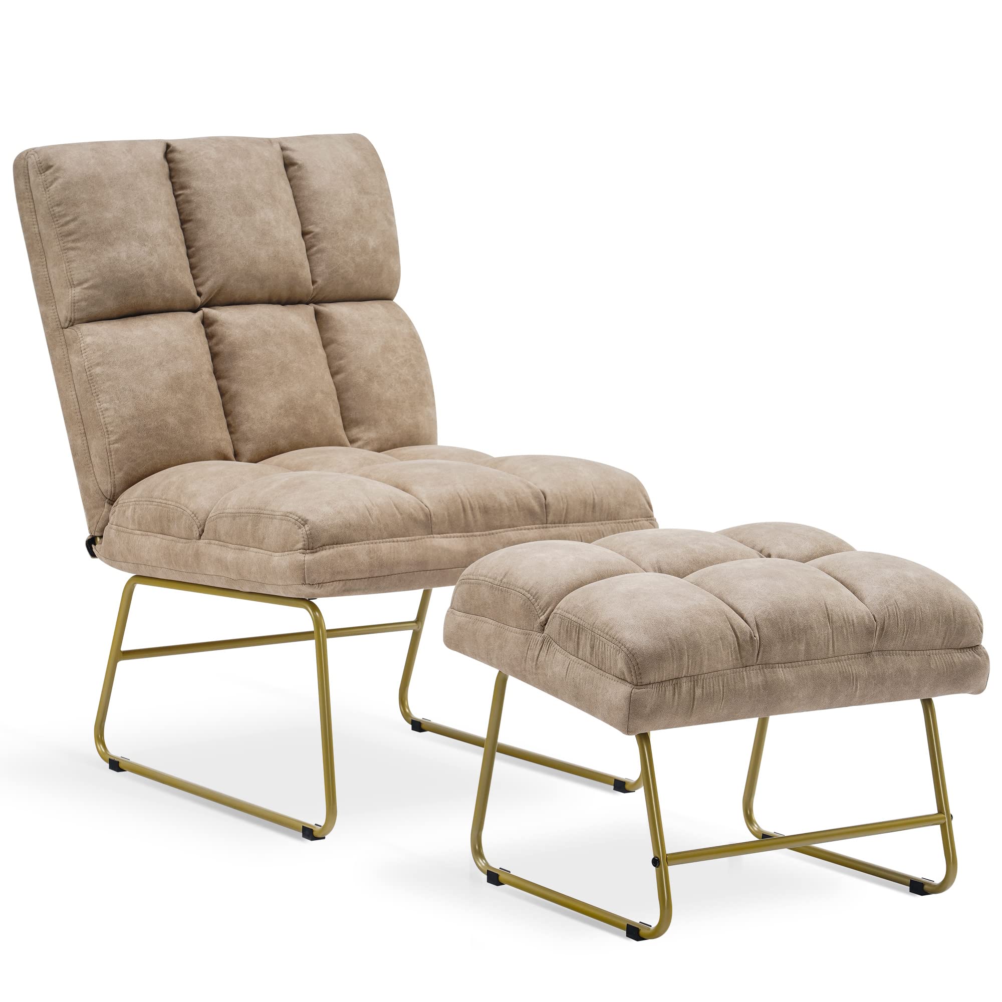 MCombo Accent Chair with Ottoman, Leathaire Fabric Club Chair with Golden Metal Legs, Lounge Sofa Couch for Living Reading Room Bedroom 4013 (Beige)