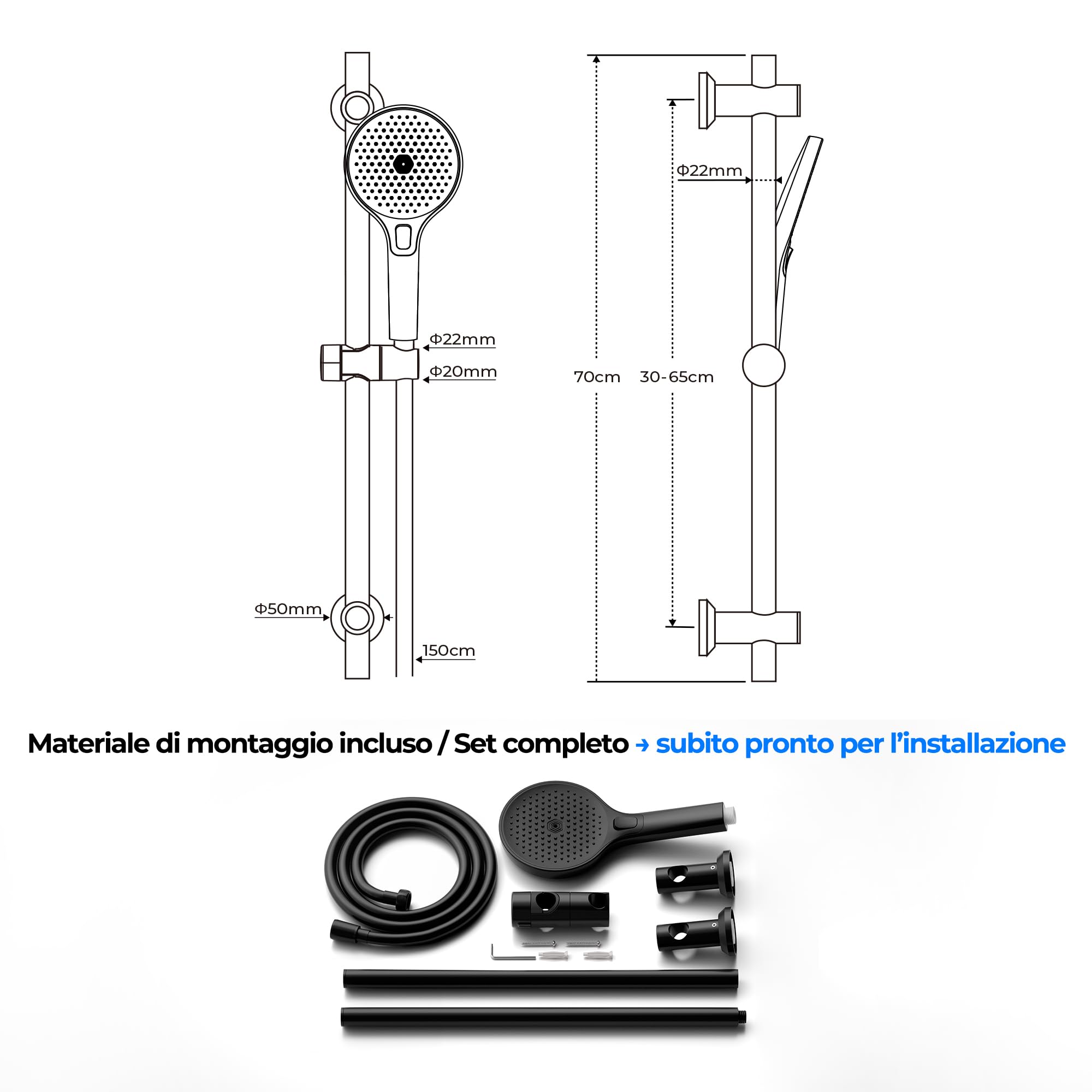 JOHO Colonna Doccia Senza Miscelatore, Asta Doccia Acciaio Inox 70 cm con Supporto Soffione Regolabile, Saliscendi Doccia Adattarsi ai Fori Esistenti con Doccetta 3 Geti, Nero