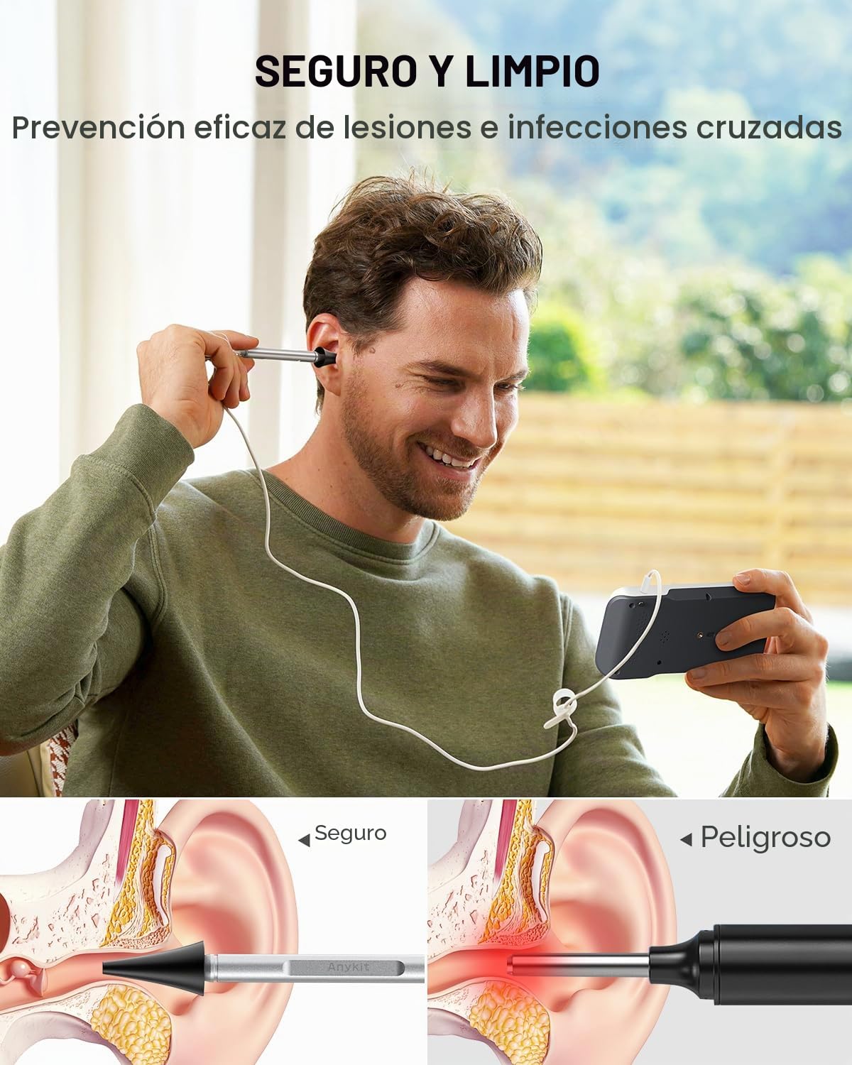 Anykit Otoscopio digital con giroscopio, pantalla de 4.5 pulgadas, cámara de alcance auditivo de 3.9 mm con 6 luces, herramienta de eliminación de cera de oído, tarjeta de 32 GB, soporta captura de
