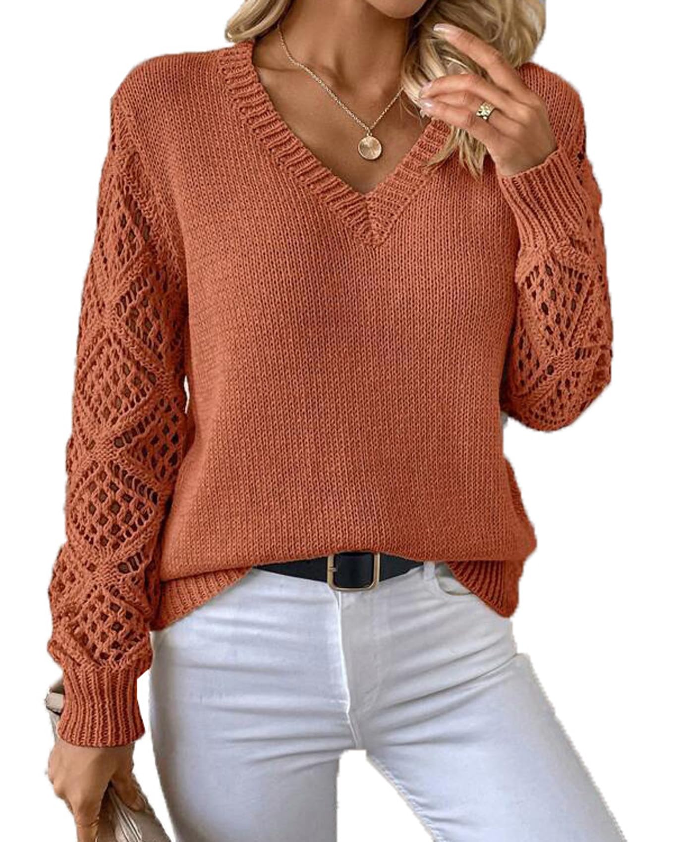 Las Mujeres De Primavera Y OtoñO Hueco De Punto Jumper Pullover De Manga Larga Suelta V-Cuello De Color SóLido Bottoming Tops