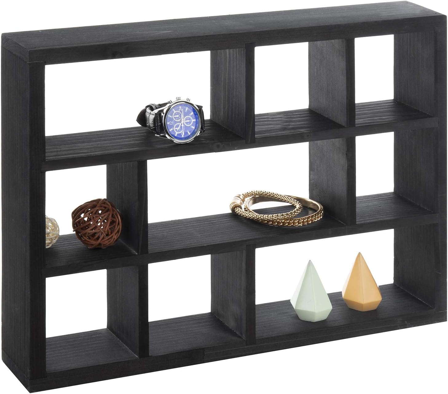 MyGift 9 Compartment Vintage Solid Wood Shadow Box, Wall Mountable Curio Display Case, Freestanding or Floating Shelf for Collectible Figurines, Succulents (Matte Black)