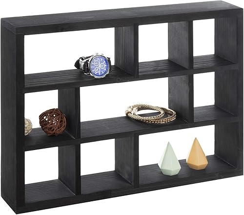 Miniatura 7 de MyGift Caja de sombra vintage de madera maciza con 9 compartimentos, vitrina de curiosidad para montar en la pared, estante independiente o flotante