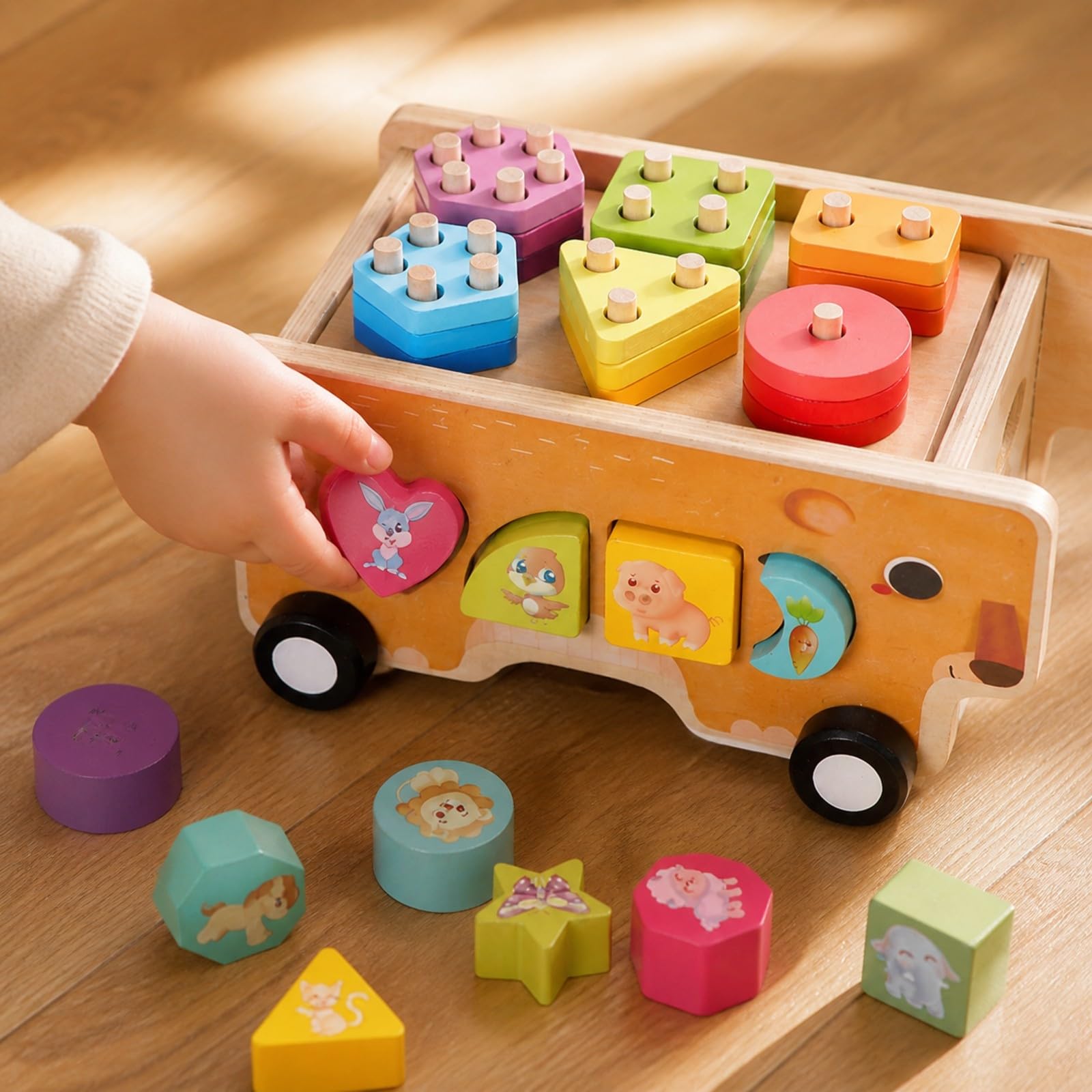 Qianly Carretto Didattico con Forme Geometriche Educativo Carretto con Blocchi di Forme Prescolare Giocattolo di Legno Blocchi Rimovibili per Area Giochi, Lancio Anello
