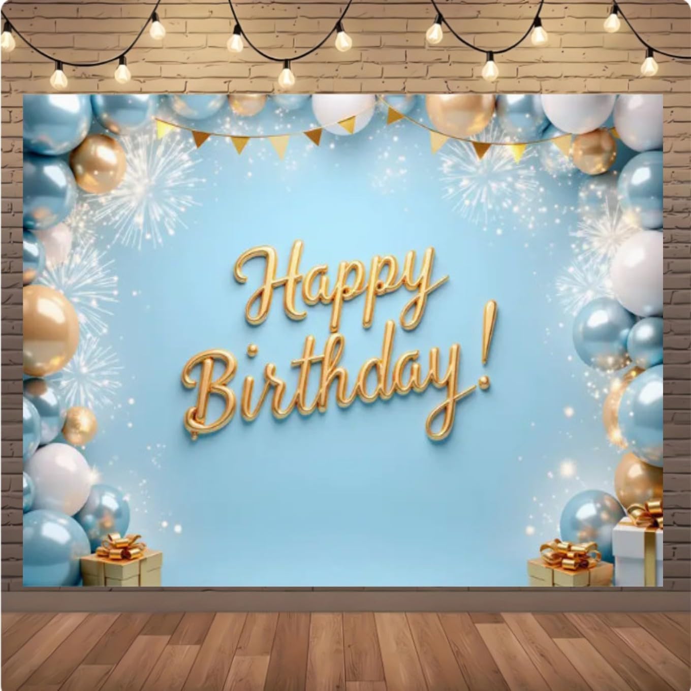 8x6 feet Light Blue Birthday Party Background Fabric with Gold Accents - Includes Bunting, Balloons and Gift Box Design for Indoor Outdoor Celebration