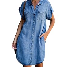 Sexyshine Womens Short Sleeve Denim Shirt Midi Dress Button Down Tunic Jean Dress with Pockets