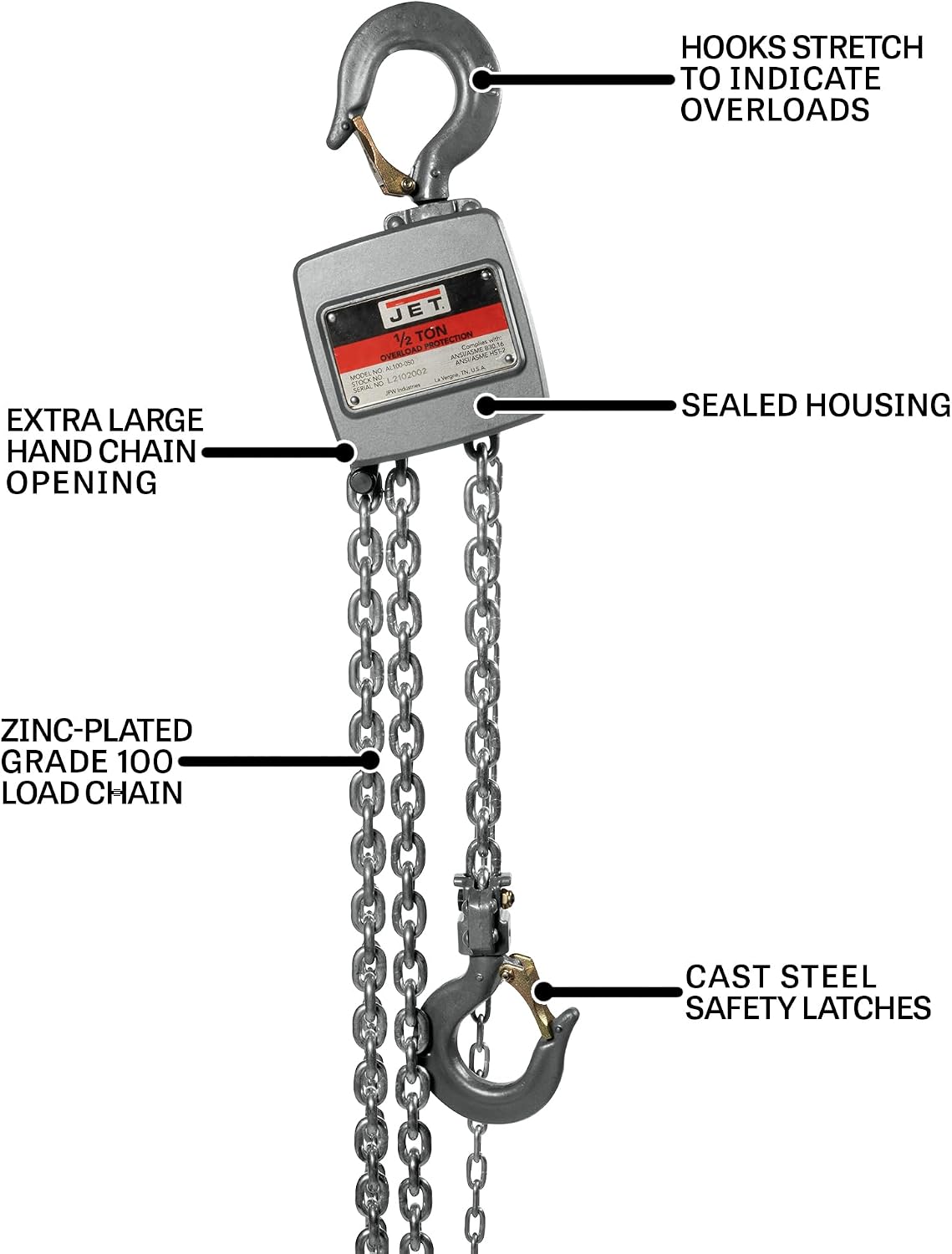 JET 1/2-Ton Aluminum Hand Chain Hoist, 30' Lift (AL100-050-30)