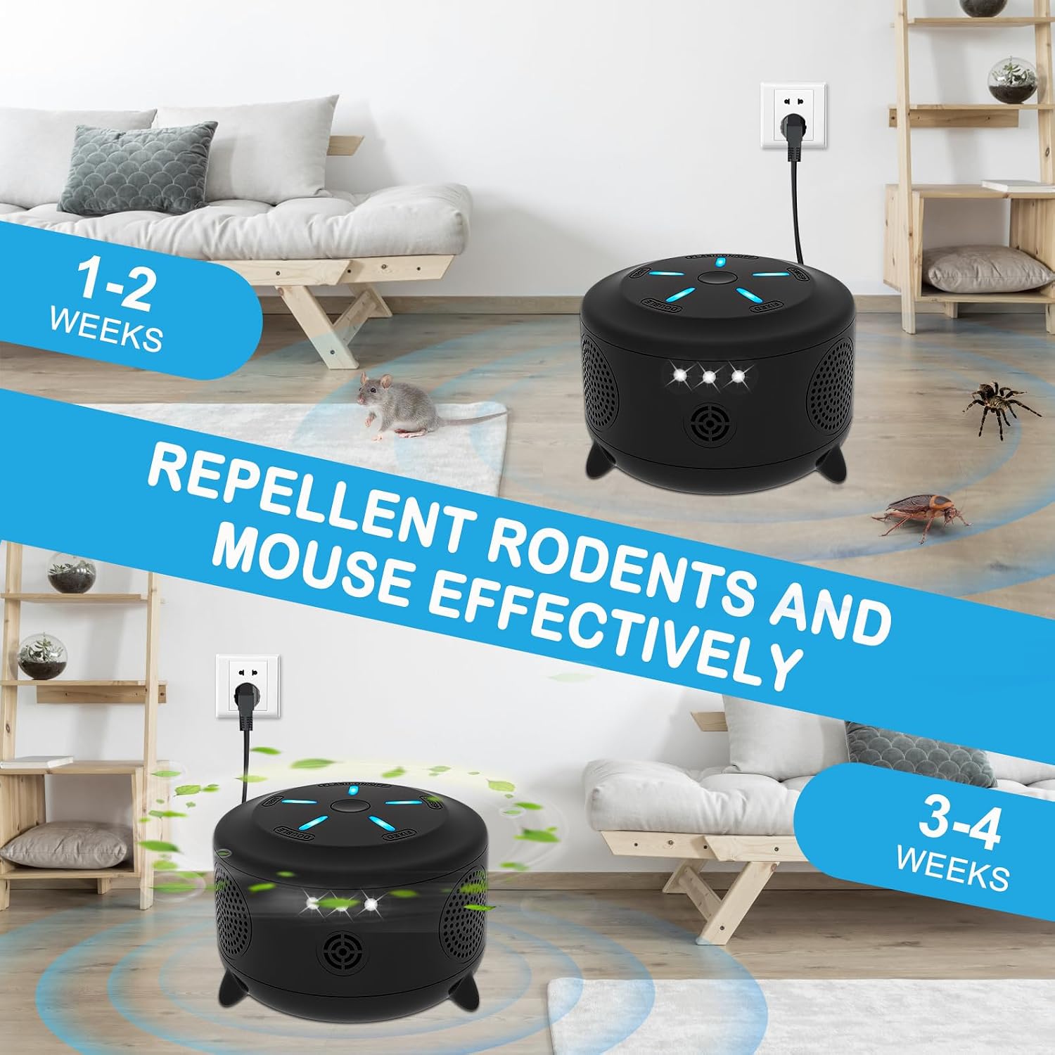 PUBAMALL Mouse Repellent, Ultrasonic Mice Repellent, 2026 Upgraded 360° Rodent Rat Repellent, Squirrel Repeller with 9 Strobe Lights, Effectively Repel Mouse/Squirrel/Bat for Attics, Houses, Barns