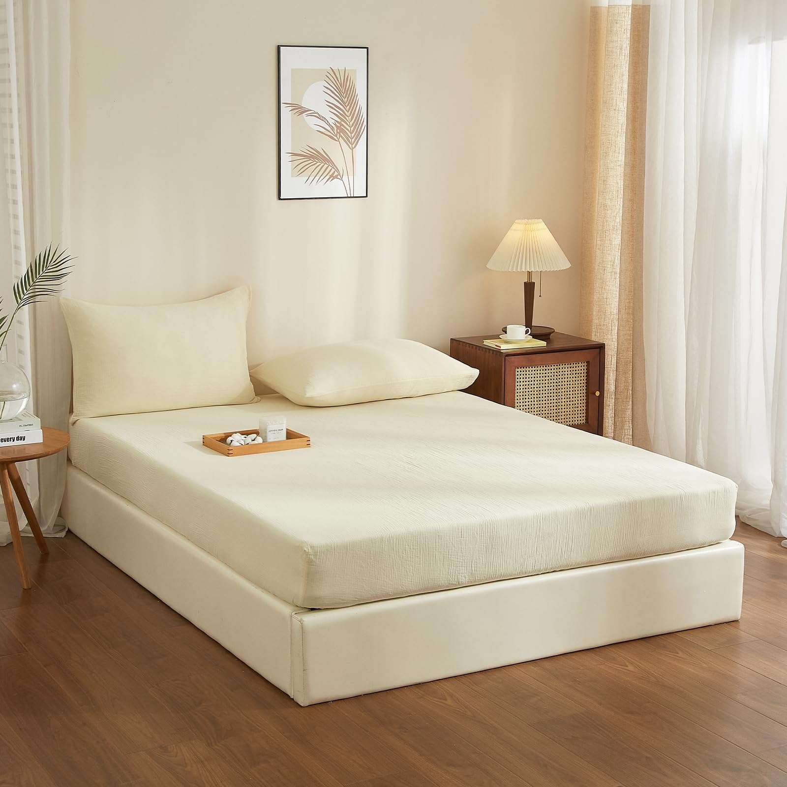 Boqingzhu Sábana bajera ajustable de algodón de muselina, 140 x 200 cm, color crema y blanco, transpirable, suave, con certificado Oeko-Tex, para colchón de 25 a 30 cm