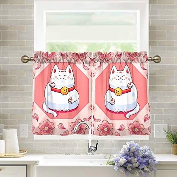 Amazon 小窓用カーテン 遮光 カフェカーテン ショートカーテン キッチン 短い 桜柄 花柄 招き猫 猫柄 和風 和柄 ピンク 可愛い かわいい 目隠し 人気 おしゃれ 2枚 幅68丈90cm カフェカーテン オンライン通販