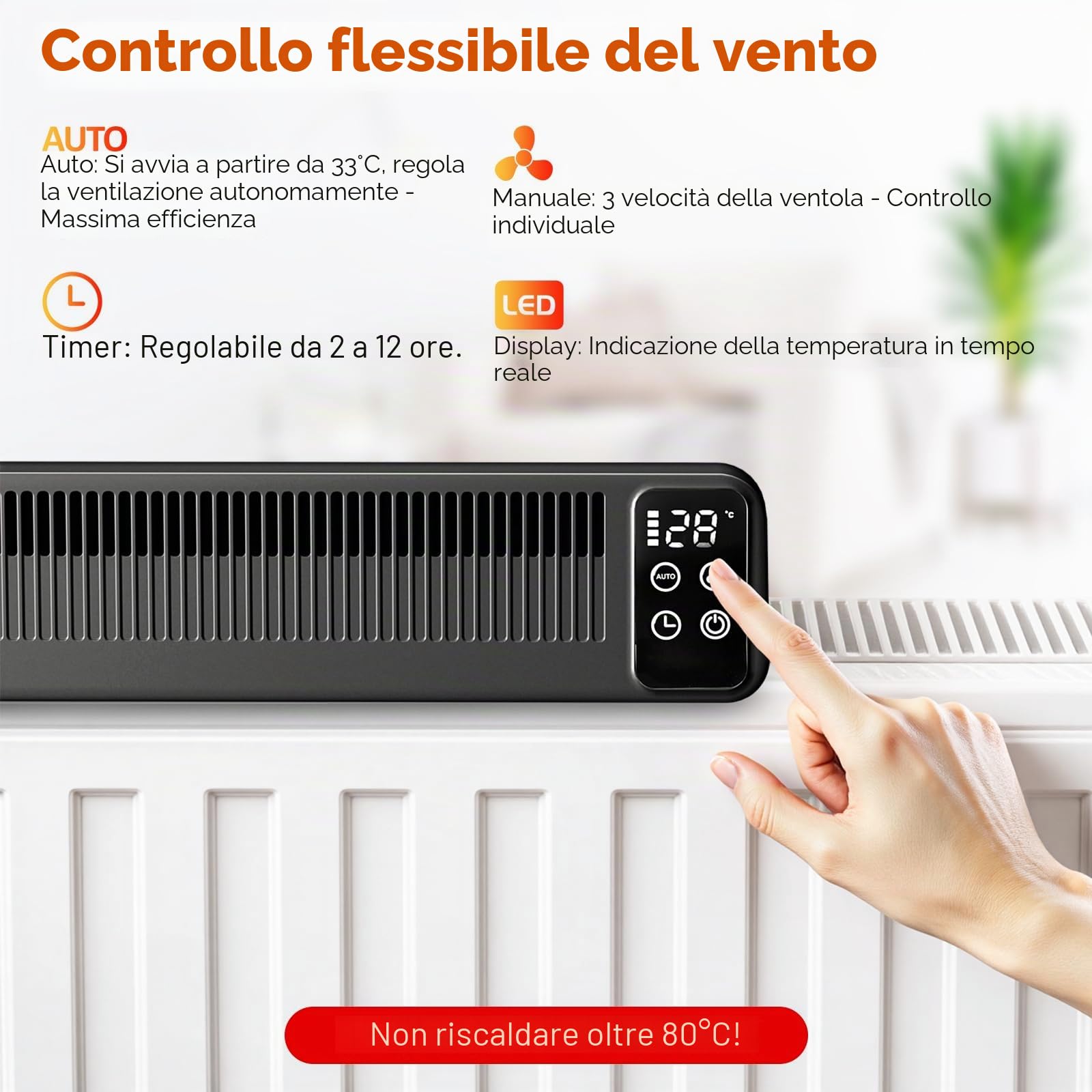 Ventilatore per radiatore, ventilatore per radiatori, miglioramento della distribuzione del calore, risparmio energetico, 2 modalità, ventilatore di riscaldamento (1 pezzo, nero)