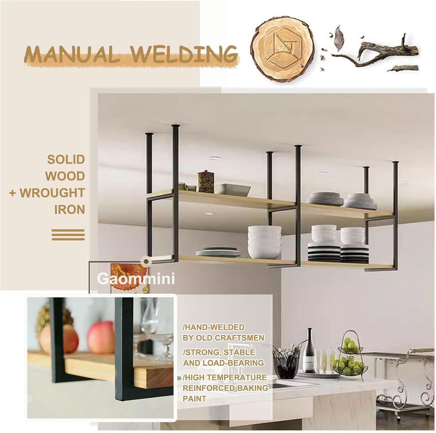 Hanging Shelf Kitchen Storage Rack Wood and Metal Iron Wall Decor Display Shelves for Plants Flowers Bar and Wine(150x30x80cm)