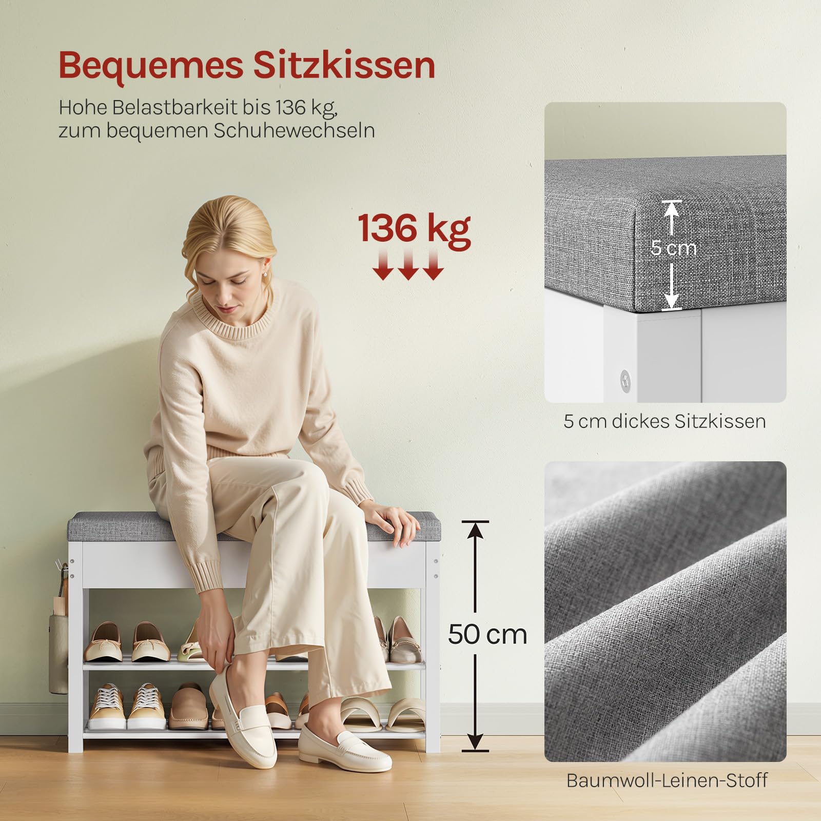 WOLTU Schuhbank mit Sitzfläche, Schuhregal mit 2 Ablagen