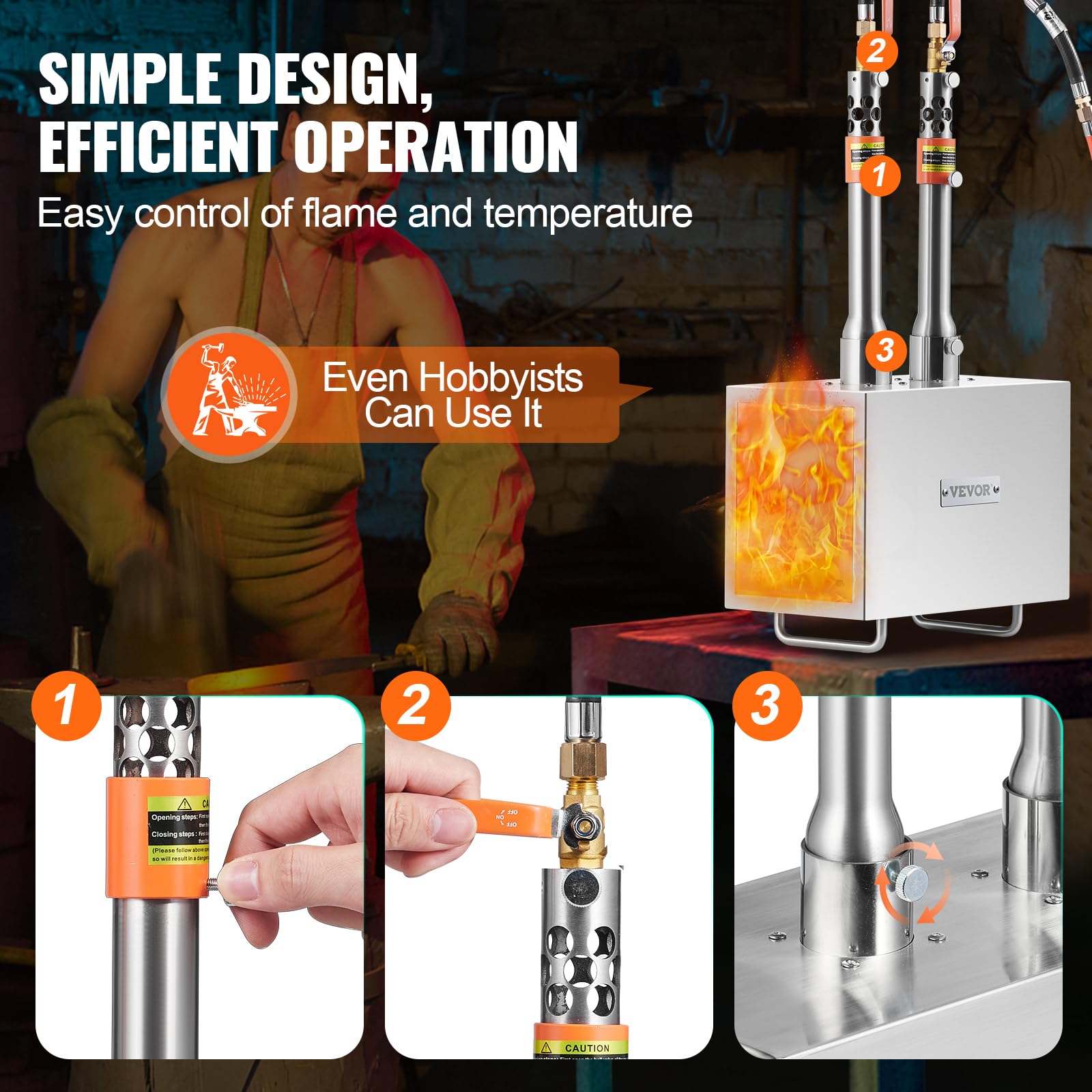 VEVOR Forgia a gas propano portatile, forno a gas quadrato con 2 bruciatori, temperatura max 1427 ℃, utensili e attrezzature per forgiatura a gas in acciaio inox, per colteliere Maréchaux-Ferrants