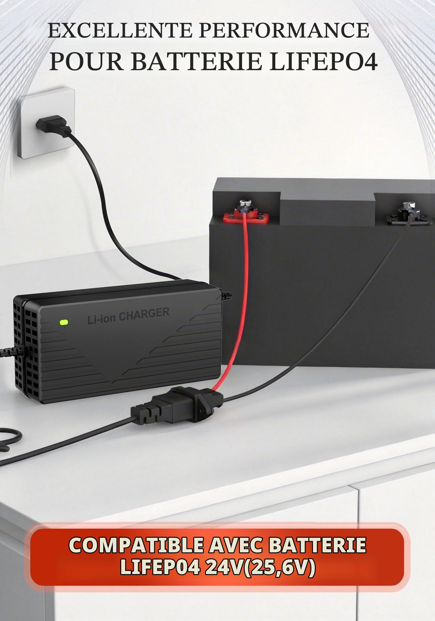 Chargeur de Batterie Lithium 29,2V 10A pour Batterie LiFePO4 24V (25,6V), Chargeur AC-DC Lithium LiFePO4 24V pour Camping-Cars, installations autonomes et Usage Domestique