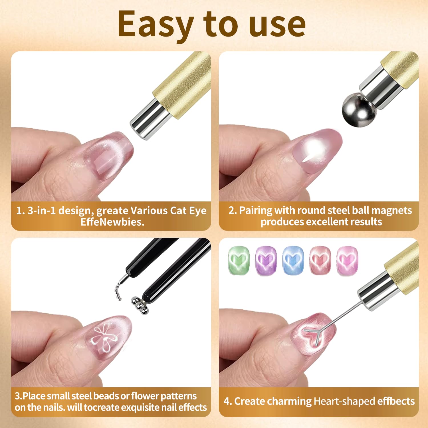 4Pcs Cat Eye Magnet Set – 2 Powerful Double-Ended Nail Magnet Pens & 2 Heart Nail Magnets for Nail Art, Create French, Floral & Heart Effects, Magnet for Cat Eye Gel Nail Polish, Home DIY