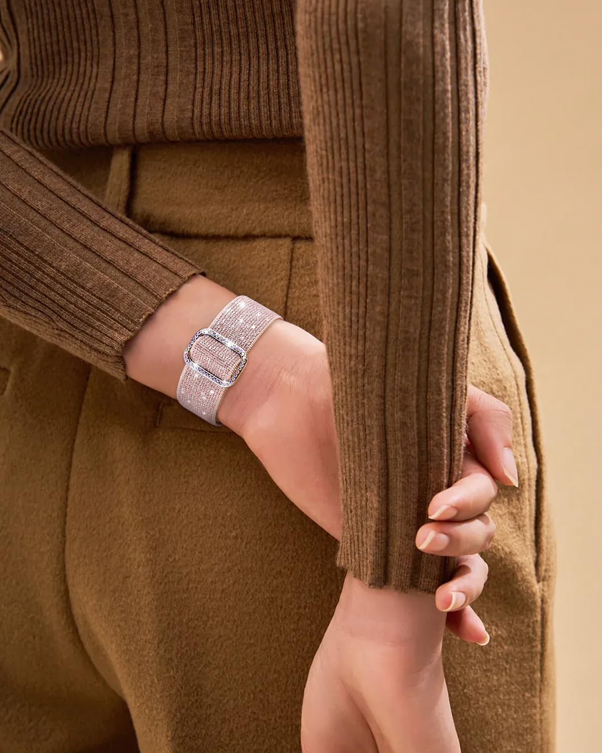 Bling Stretchy Band Compatible with Fitbit Versa 4/Fitbit Versa 3/Fitbit Sense/Sense 2 Bands for Women, Soft Adjustable Elastic Glitter Solo Loop Nylon Strap for Fitbit Versa 4 Bands - Image 6