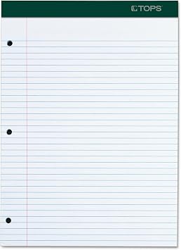 TOPS Docket Writing Pad, 8-1/2" x 11-3/4", College Rule, White Paper, 3-Hole Punched, 100 Sheets 63384