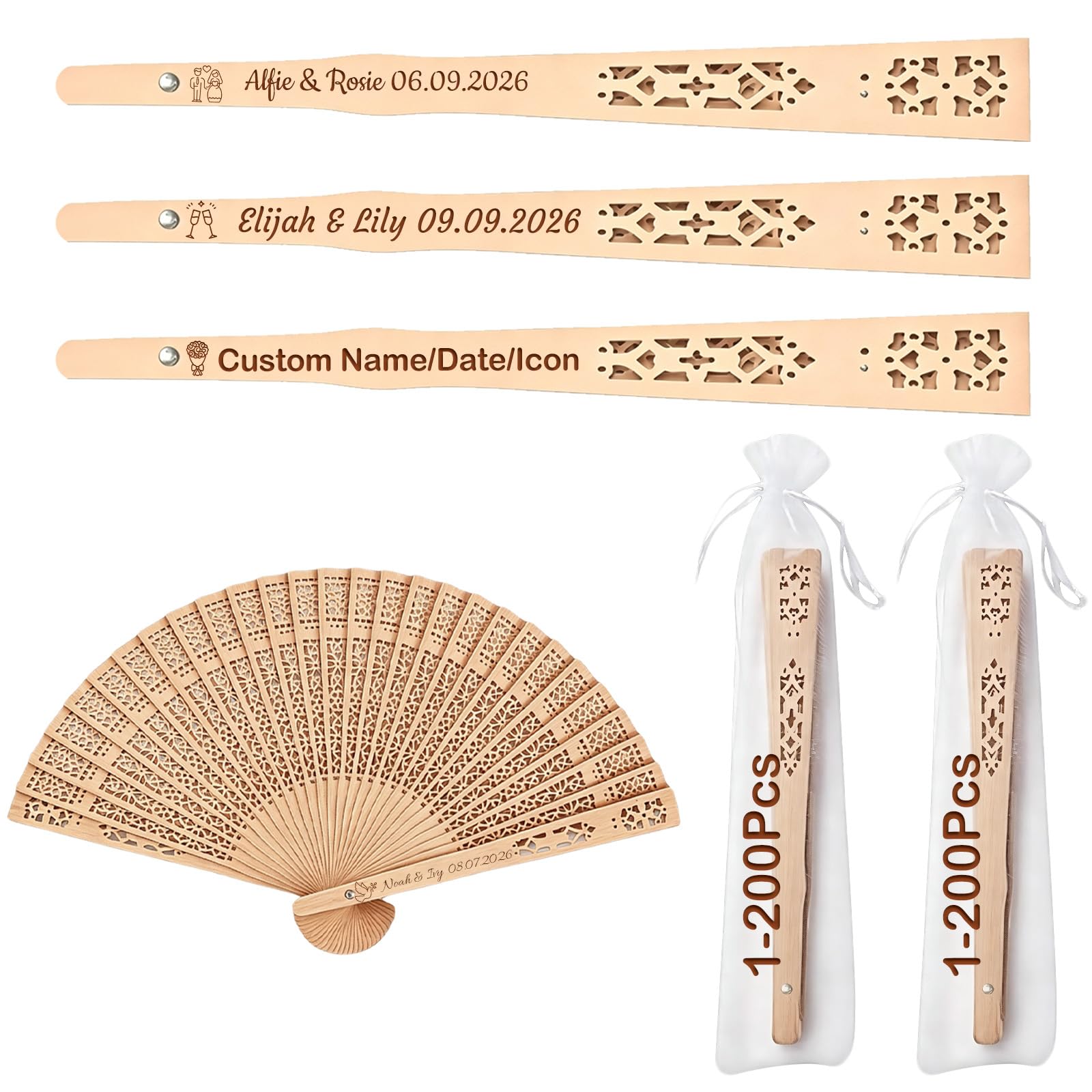 ZFN Personalised Wedding Hand Fans, 1-200 Pcs Custom Engraved Wooden Folding Hand Fan with Name/Date Vintage Wood Handheld Fans Bulk for Wedding Favours, Summer Party Shower (Wood color 02)
