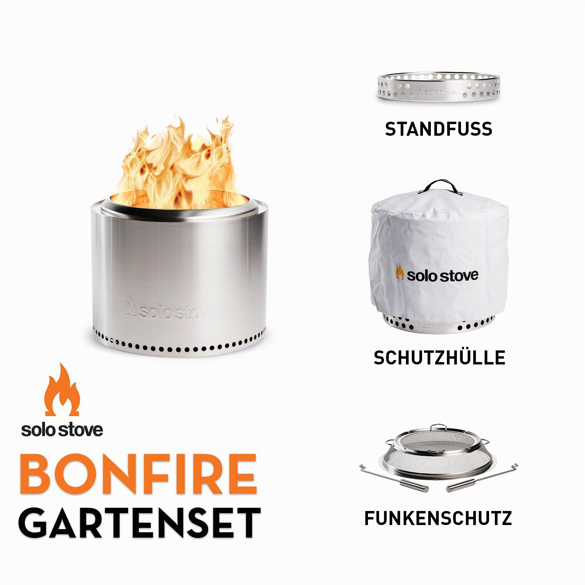 Solo Stove Feuerschale „Bonfire“ - Outdoor-Kamin aus Edelstahl, rauchfrei - Set mit Standfuß, Funkenschutz & Schutzhülle - Tragbare Feuerstelle für Terrasse, Garten - ⌀ 49,5 cm, Höhe 44,5cm
