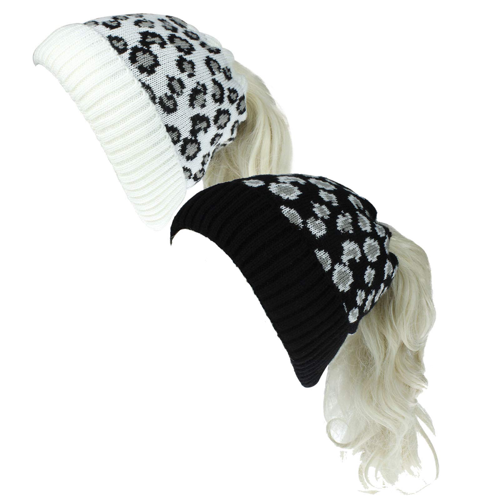 MicoopChic Leopard Pattern Ponytail Beanie Hats Winter Knitted Warm Beanie Tail Soft Stretch Skull Cap for Women (2 Pack)
