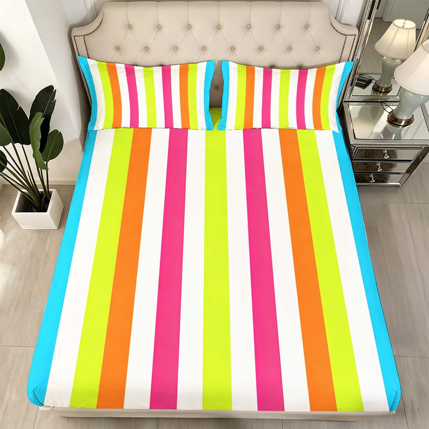 Drap Housse 180x200 cm Rayures de Couleur 3D Drap-Housse Arc en Ciel Draps Housses Microfibre 2 Personnes avec 2 Taie d'oreillers pour Matelas Épais XCW5992