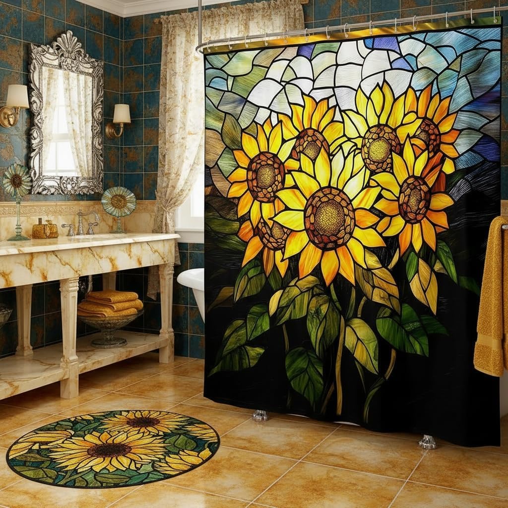 Manfei Hummingbird Bath Curtain with Hooks,Rustic Garden Poppy Red Flowers Botanical Waterproof Shower Curtain,Artistic Stained Glass Style Patchwork Bathroom Accessories,72x 78 Inches