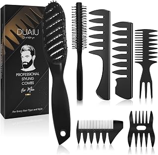 DUAIU 7Pcs Men's Hair Brush & Comb Set: Vented Styling Brush, Quiff Roller, Wide Tooth Texture Combs for Blow Dry, Detangling & Grooming