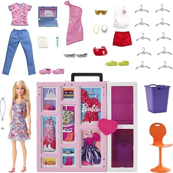 Barbie - Wardrobe Clothing and Accessories with Folding Doors and Carry Handle Including Doll with Blonde Hair Gifts for Children from 3 Years HGX57