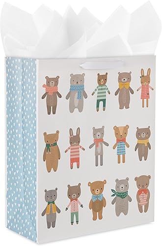 Hallmark Bolsa de regalo extra grande de 15 pulgadas con papel de seda (osos y conejitos) para niños, baby showers, primeros cumpleaños