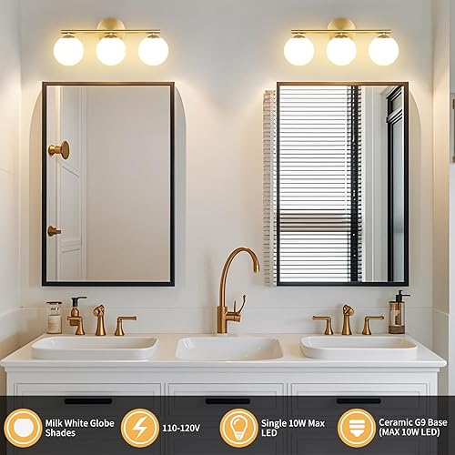 Miniatura 2 de Globe - Lámpara de baño de 3 luces de latón dorado con pantallas de globo blanco leche de plástico, aplique de pared de 11.81 pulgadas, luces de