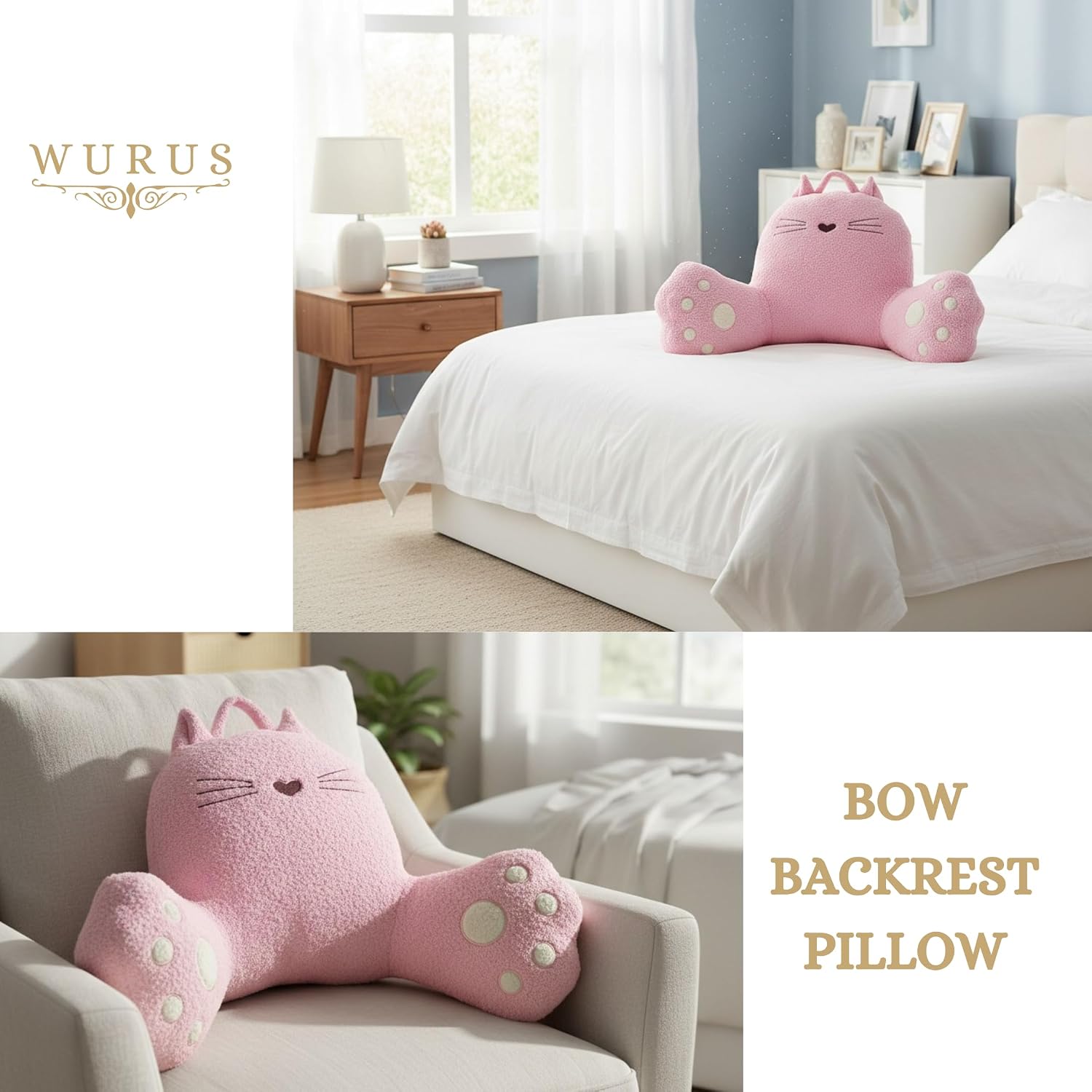 Pink Cat Backrest Reading Pillow – Cute Kawaii Bed Rest Pillow with Arms, Plush Supportive Lounge Pillow for Reading, Gaming & Relaxing – Soft Comfort for Kids, Teens & Adults (Pink)