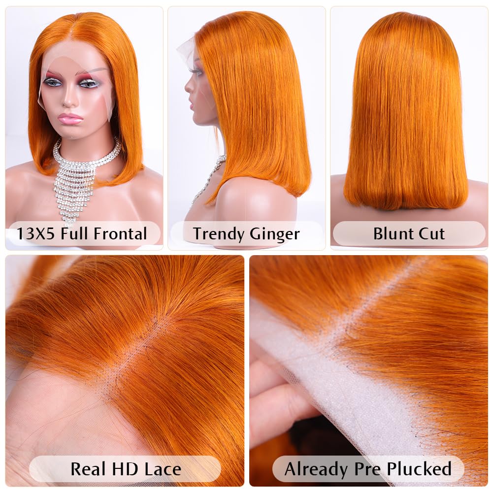 Flady Ginger Orange Bob Wig Human Hair 13x4 HD Lace Front Wigs Human Hair Pre Plucked with Small Knots 150% Density 350# Colored Lace Frontal Bob Wigs Straight Bob Wigs for Black Women 14 inch