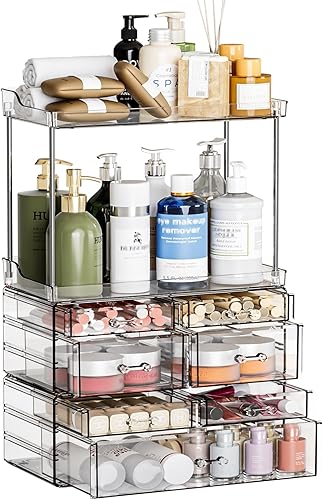 Paquete de 3 organizadores de baño y encimera de almacenamiento con 7 cajones, organizador apilable, organizador de cuidado de la piel de gran