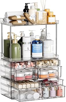 3 Pack Bathroom Organizers and Storage Countertop With 7 Drawers,Stackable Vanity Top Organizer,18.9" Tall Large Capacity Skin Care Organizer and Exquisite Makeup Storage for Beauty Products,Clear