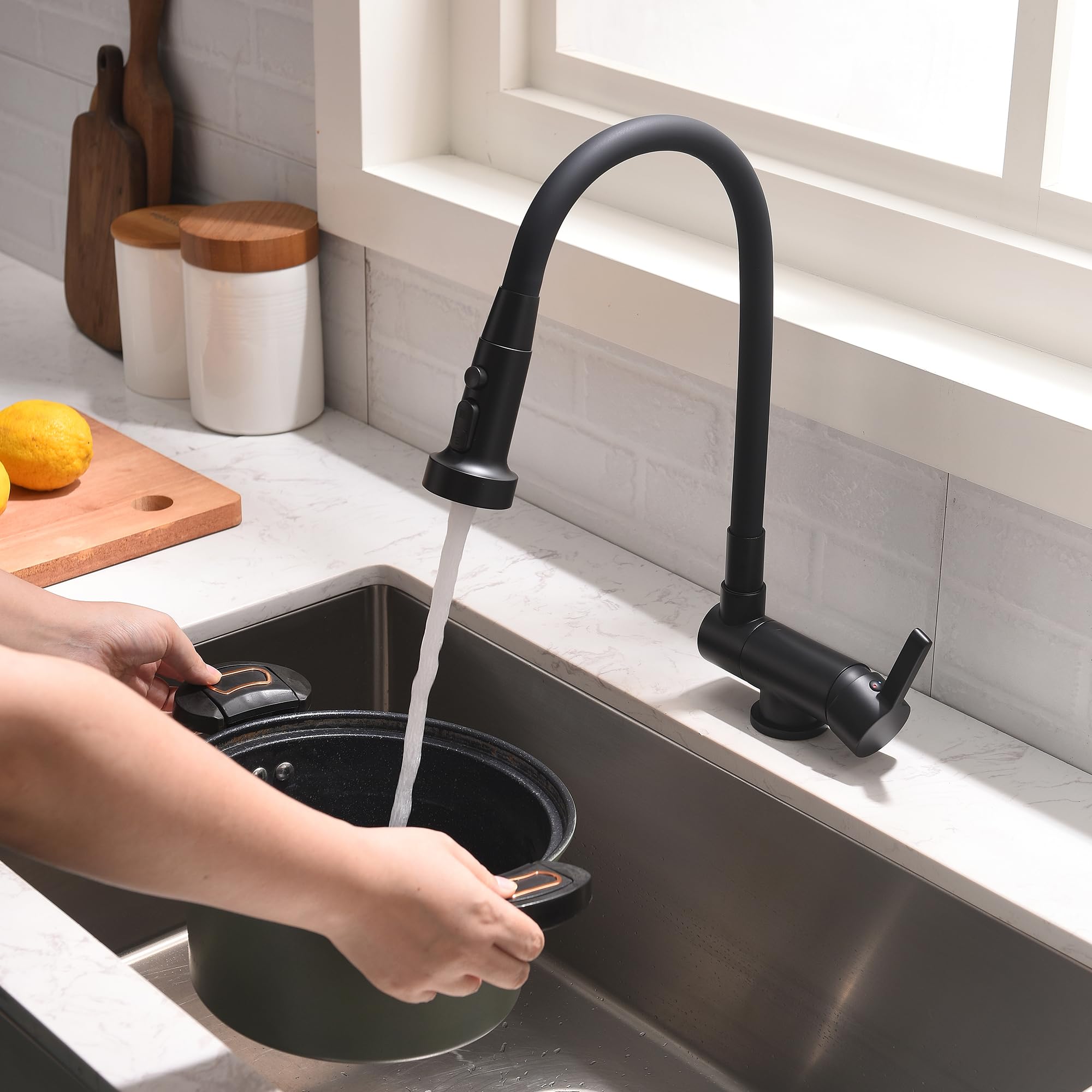 Rubinetto Cucina Abbattibile Sottofinestra Nero, Rubinetto Cucina Pieghevole 3 Modalità Di Scarico Dell'acqua, Miscelatore Sottofinestra Cucina Rubinetti Da Cucina Materiale in Ottone