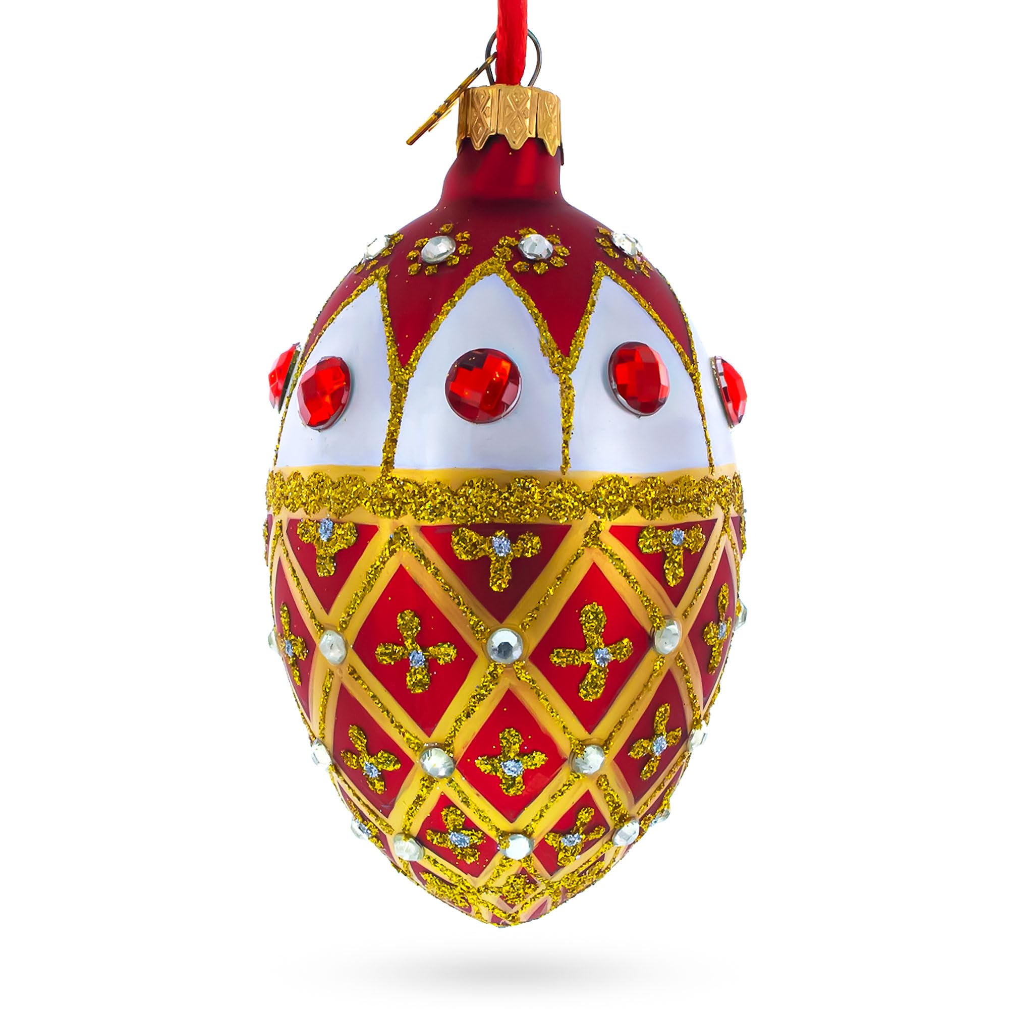 Adorno de Navidad de Huevo de Vidrio Rojo y Blanco con Celosía de Oro Engastado de 4 Pulgadas.