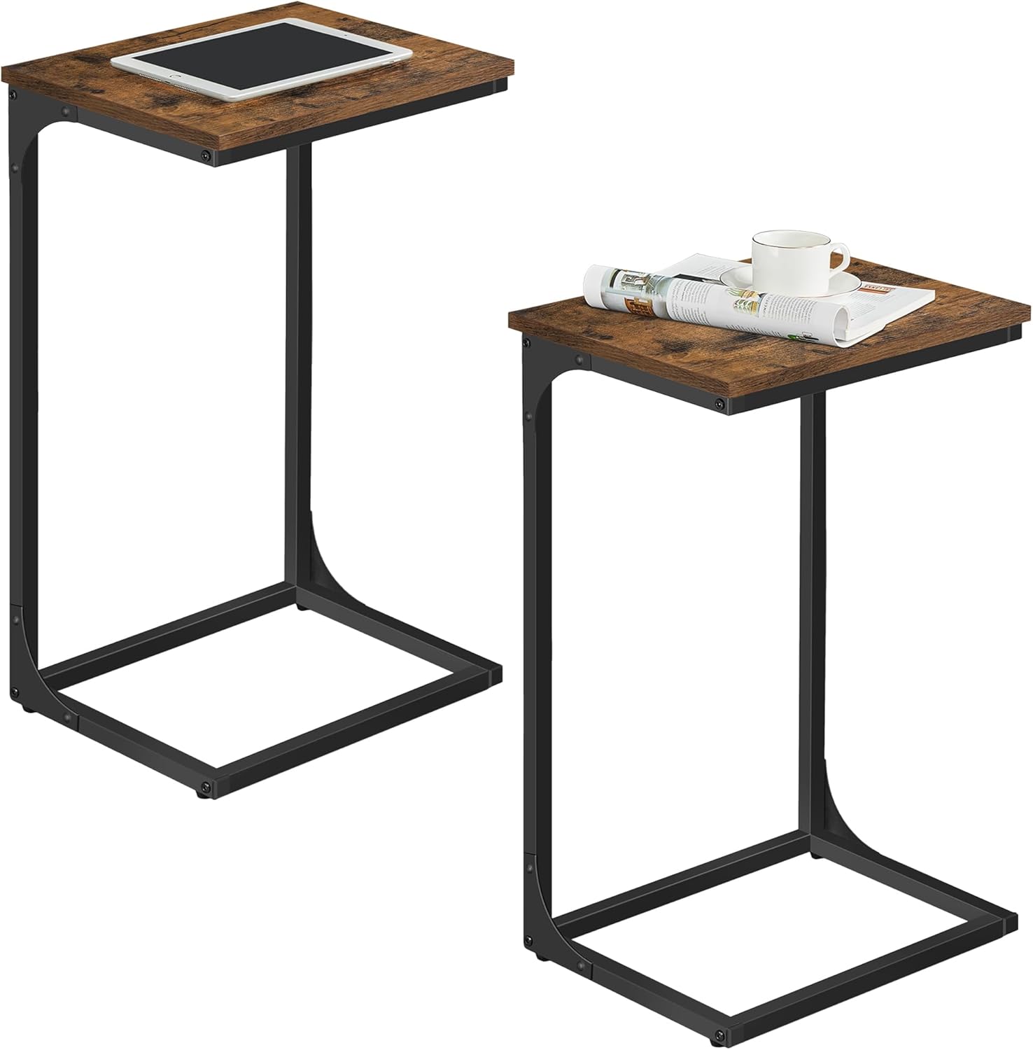 VASAGLE C-Shaped End Table, Set of 2, Side Table for Sofa, Couch Table with Metal Frame, Small TV Tray Table for Living Room, Bedroom, Rustic Brown and Black ULET355B01