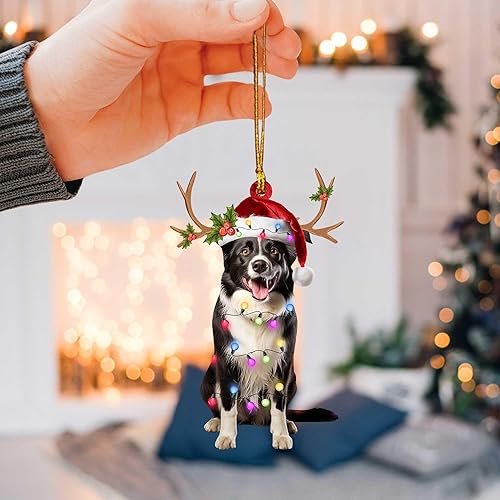 Miniatura 3 de Talataca Border Collie - Adorno de Navidad plano 2D, Collie De La Frontera con sombrero de Navidad, decoración de árbol de pino y reno, colgante de