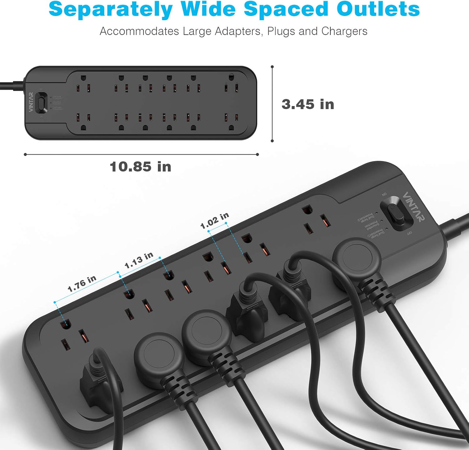 VINTAR Power Strip Surge Protector (2 × 4800 Joules) with 12 AC Outlets,1875W Output, 6ft Long Extension Cord Flat Plug with Dual Surge Protection for Office, Home, ETL Listed, Black