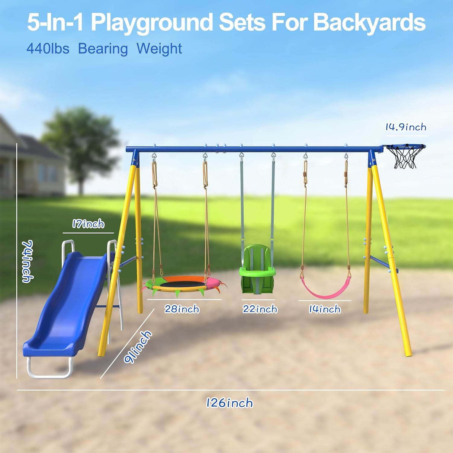 JYGOPLA Metal Swing Sets for Backyard, 5-in-1 Kids Swing Set Slide Combo with Saucer Swings, Infant Safety Belt & Basketball Hoop for Ages 3-12