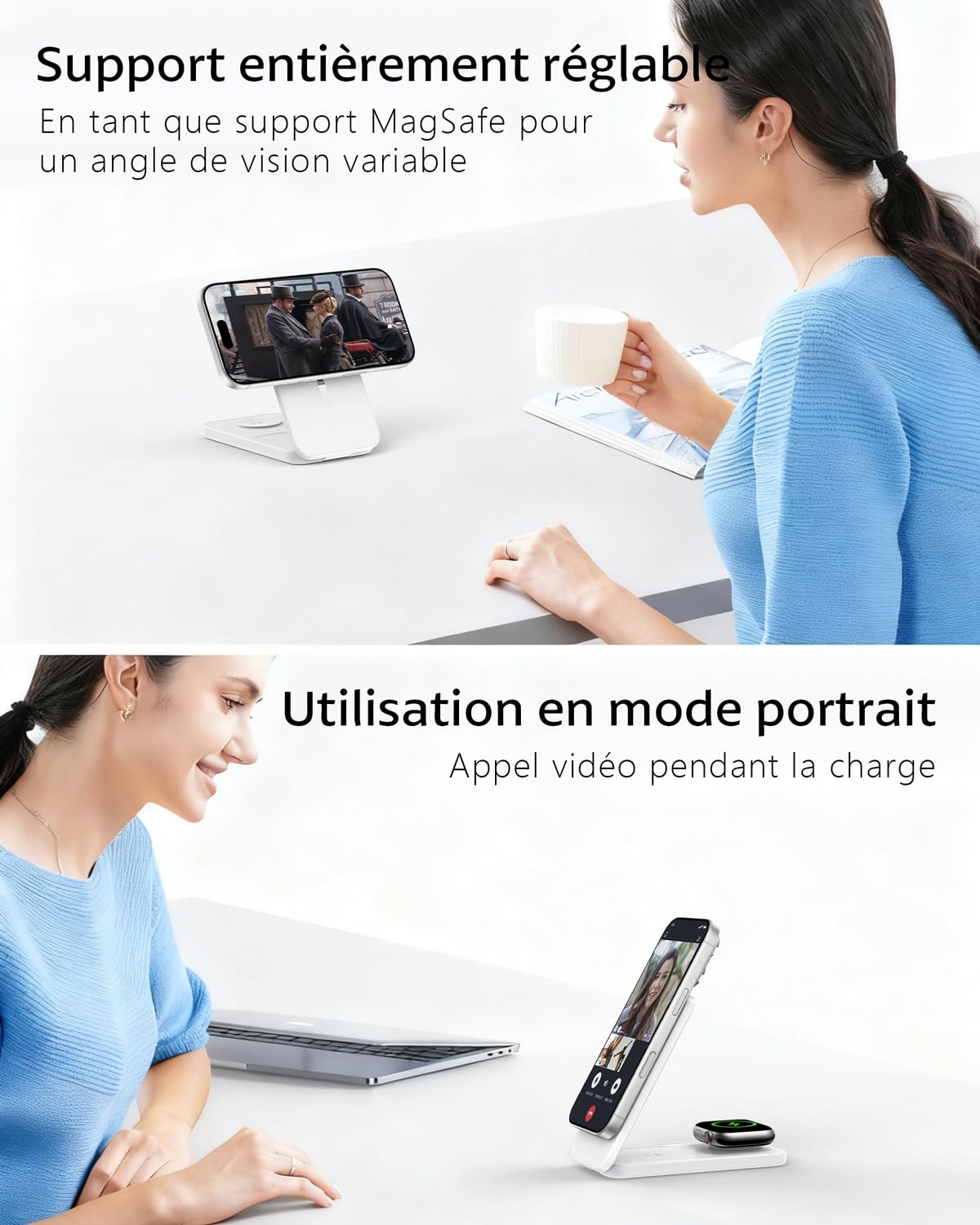 Chargeur Induction iPhone 3 en 1 Compatible MagSafe, Station de Charge sans Fil Magnétique Pliable 15W pour iPhone 17/16/15/14/13/12, Apple Watch et AirPods Support de Recharge (Blanc)