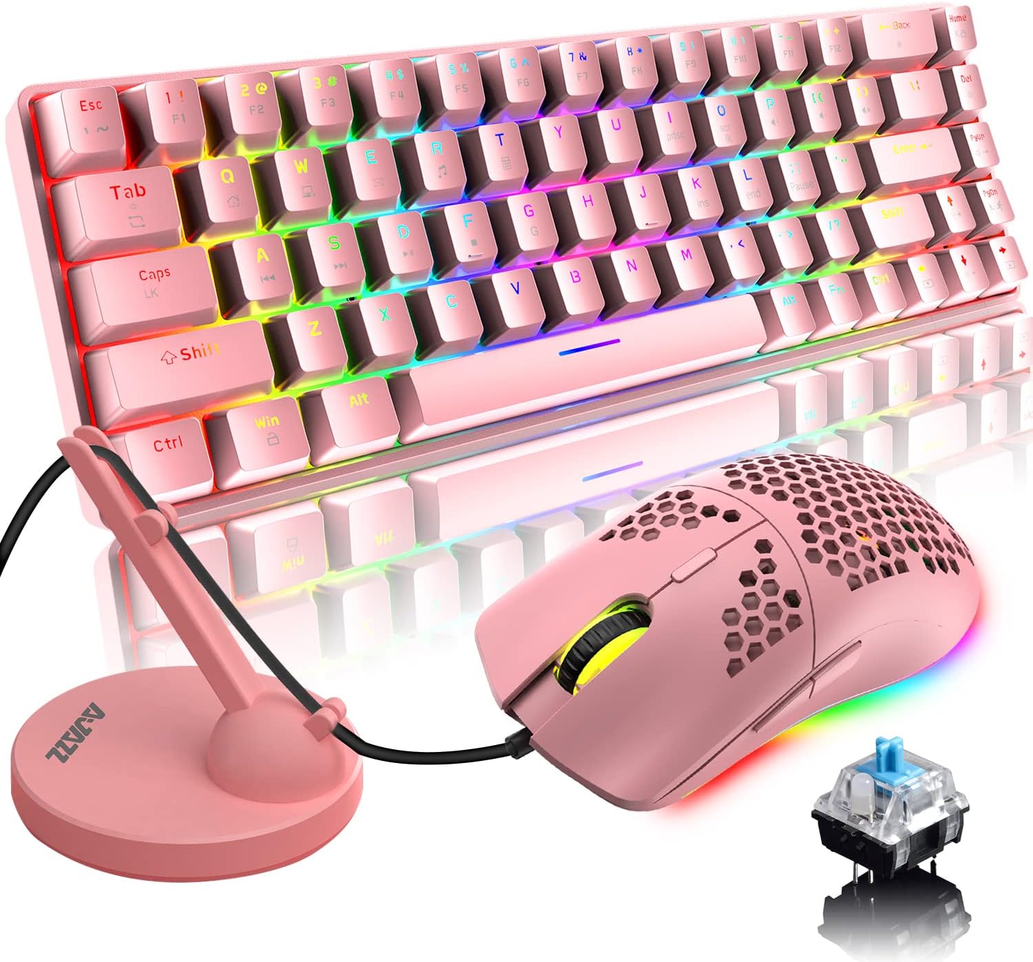 60% Mechanical Gaming Keyboard Mini 68 Keys Anti-Ghosting Wired RGB 18 Backlit Effects,Lightweight Gaming Mosue DPI Adjustable Honeycomb Optical,113 PBT Pudding Keycaps for PC Gamers(White)