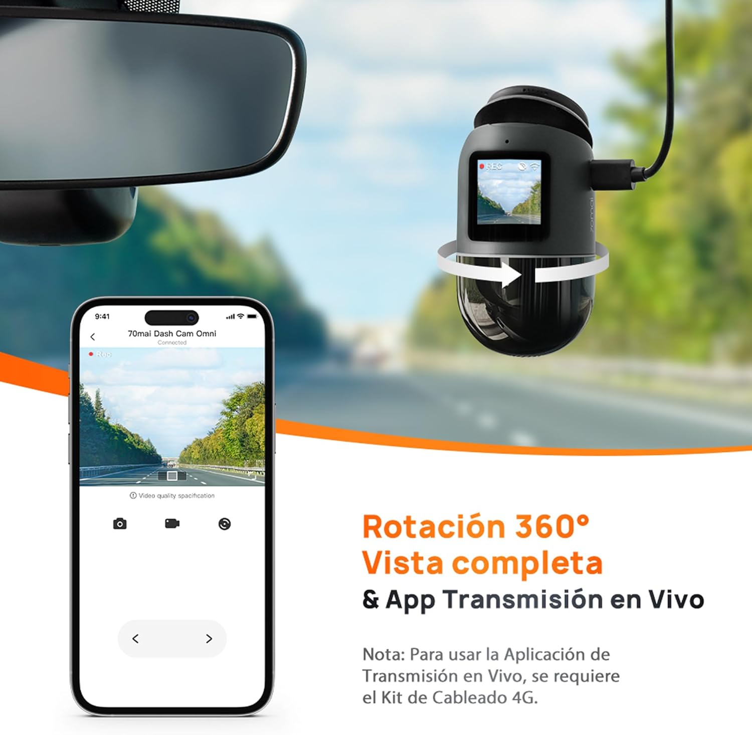 Billede af 70mai Dash Cam Omni, der roterer 360 grader, med en smartphone, der viser live-billedet. view fra kameraet.