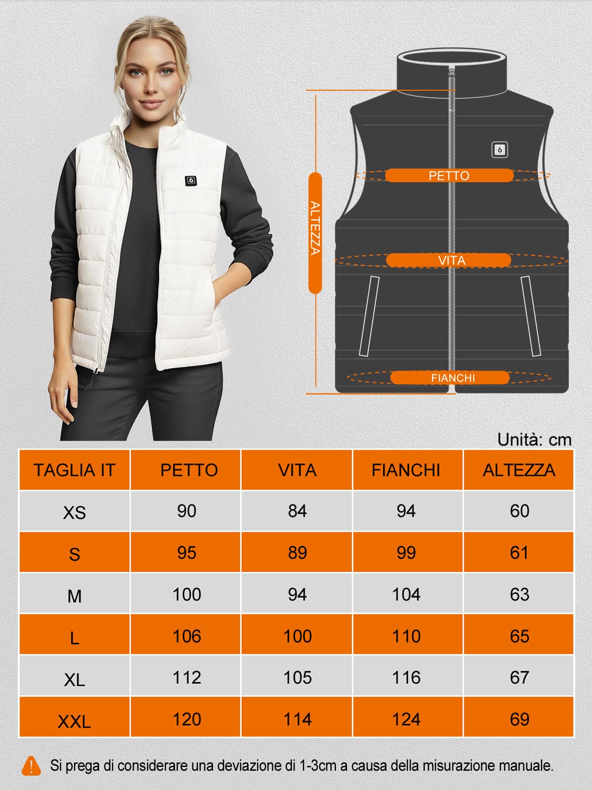 UNBON Gilet Riscaldato Donna, Giubbotto Riscaldato Donna con Batteria USB 10000mAh, Giacca Riscaldata con 3 Temperatura 6 Zone di Calore, Gilet Giubbotto Termico Riscaldante Invernale, Bianco, M