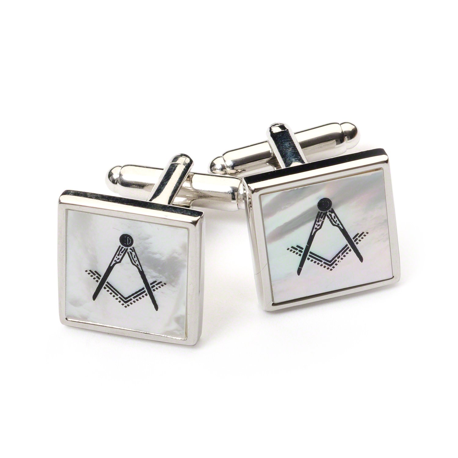 The Masonic Collection - Gemelli in madreperla da uomo - Argento rodiato - Quadrato e bussola - Smaltato nero - Viene fornito in scatola per gemelli/sacchetto di velluto - Regali massoni di qualità