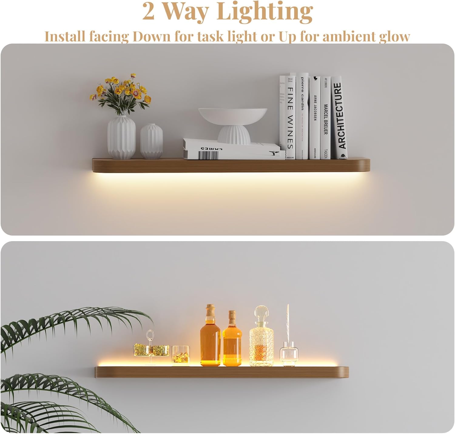 2pcs LED Floating Shelf Bracket, Hidden Floating Shelf Hardware with Integrated Lighting, Create Warm 2700K Lighted Wall Shelf, Heavy Duty Fireplace Mantel Brackets for 1.5"-4" Wood,150lbs (18x6x1.2)
