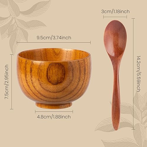 Miniatura 2 de NUOMI Juego de 2 cuencos de madera para alimentos, pequeños cuencos de madera con cucharas de madera para postre aperitivos, sopa, juego de vajilla