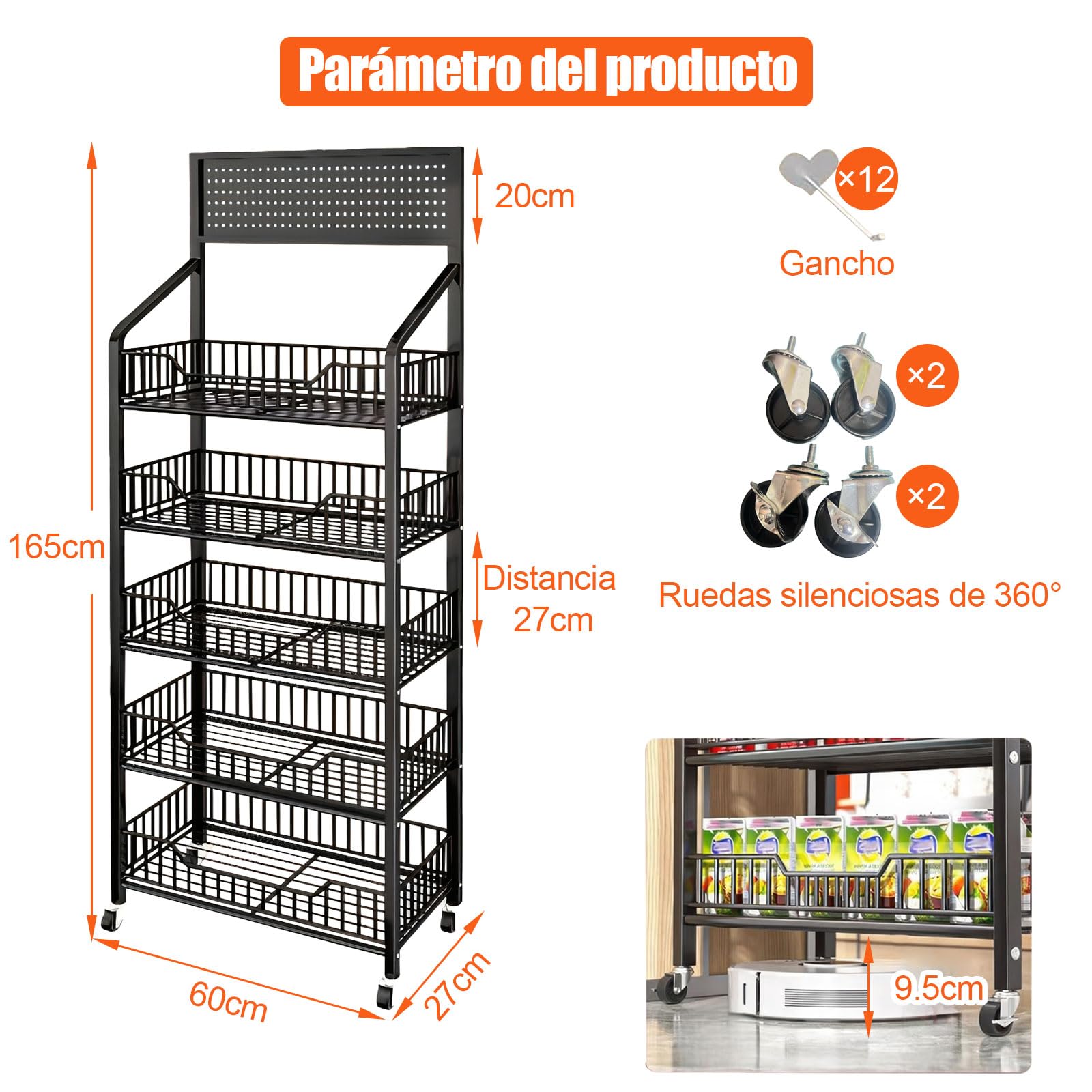 Expositor de 5 Niveles para supermercado, estanterías Independientes Negras con 12 Ganchos y 4 Ruedas, estantería metálica Grande para Tiendas