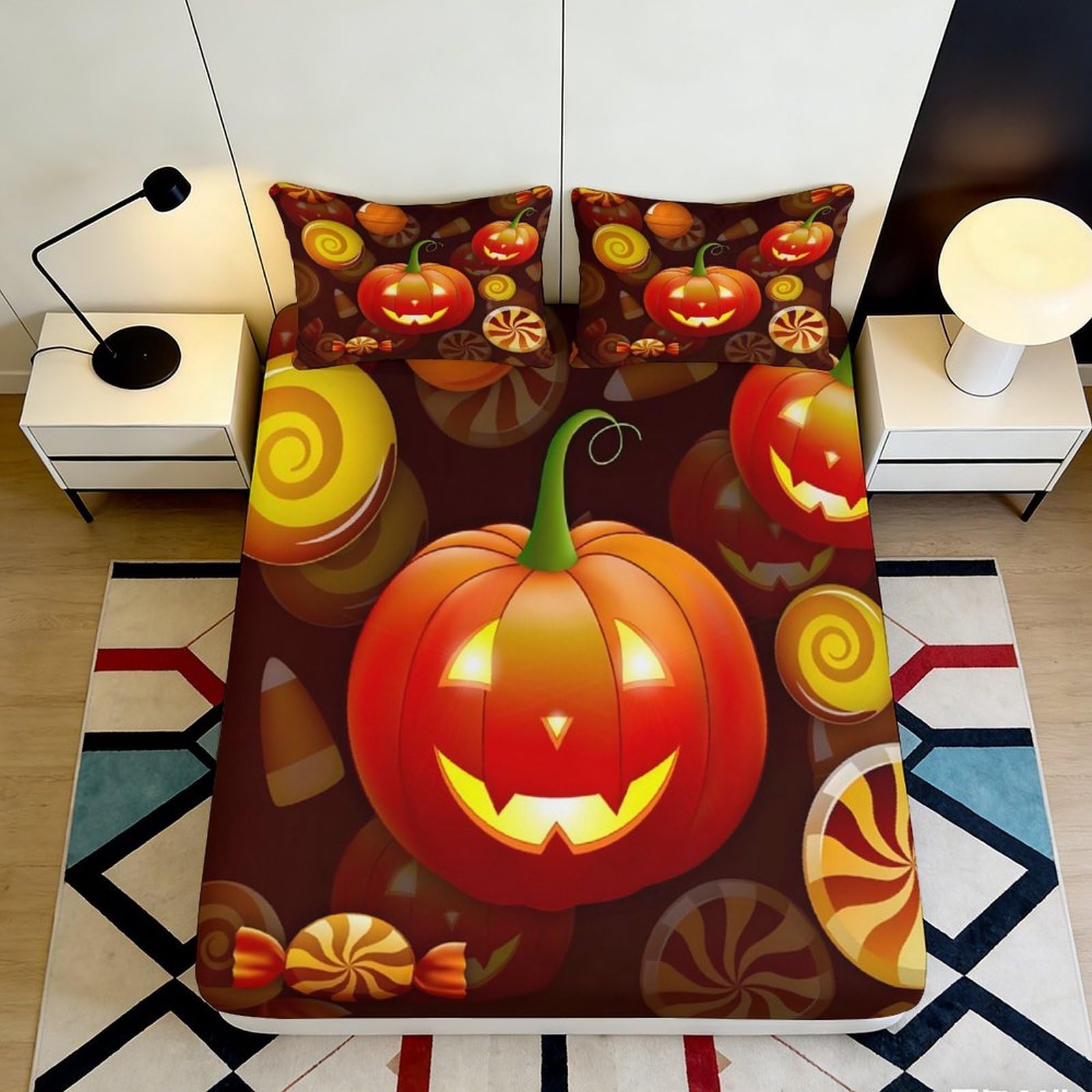 3D Printed Halloween Pumpkin Fitted Sheet Microfiber Orange Candy Bed Sheet for Bedroom Guest Room Mattress Decor 90x200x25cm